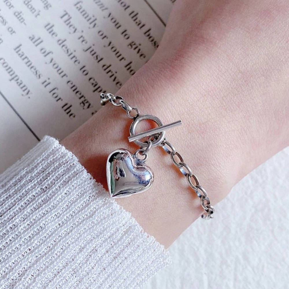 Sterling Silver Heart Toggle Link Chain Bracelet